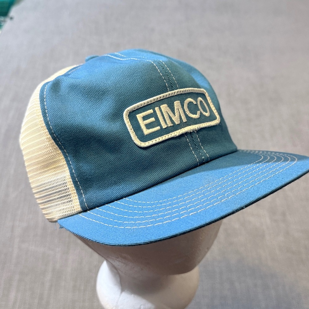 Vintage EIMCO Blue‎ White Mesh Back Trucker Hat Snapback Industrial Patch Cap